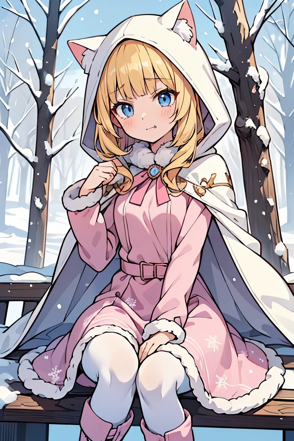 Safe for work, masterpiece, best quality, solo, 1 girl,  cute girl, wholesome girl, (young female body:1.4), ( medium small breasts), cowboy shot, shy smile, flustered, yellow hair, thick wavy hair, hime cut, very blunt bangs, light blue eyes, detailed eyes, outside, snowy woods, sitting on a white bench, pink dress, pink winter dress, dress withfur, white cotton pantyhose, pink winter fur dress, long sleeve, hot pink dress, snowflake print on dress, thick pink winter dress, white fur trimmings, white fur, warm, bright pink dress, white cloak, fluffy cape, cape over shoulder, white cape, bows, cape hood over head, hood with cat ears, pink snowflake details on dress, pink boots, knee high boots