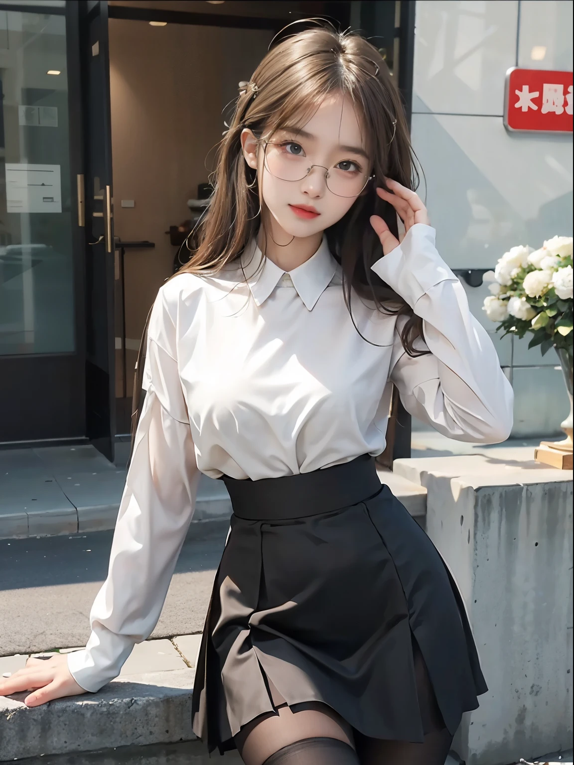 ulzang-6500-v1.1, (RAW photos:1.2), (Reality:1.4), Beautiful and delicate girl, Very detailed eyes and face, Beautiful and delicate eyes, ridiculous, Unbelievably ridiculous, Huge file size, Very detailed, high resolution, Very detailed, best quality, masterpiece, ((Fashionable clothes in various colors)), illustration, Very detailed, CG, Unite, 8k wallpaper, Astonishing, Fine details, masterpiece ,best quality, Very detailed CG uniform 8k wallpaper, There is light on the face, Movie Lighting, 1 Girl, 16 years old, Long white hair, Side splits, (Large Breasts), ()), (Glasses), ((Dynamic poses))), ((Sexy pose))), (Camel toe), (half), (Pantyhose)), ((Black hip skirt))
