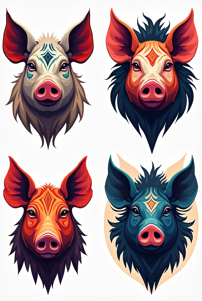 Four separate tribal images of a pig&#39;s head in bright colors 
