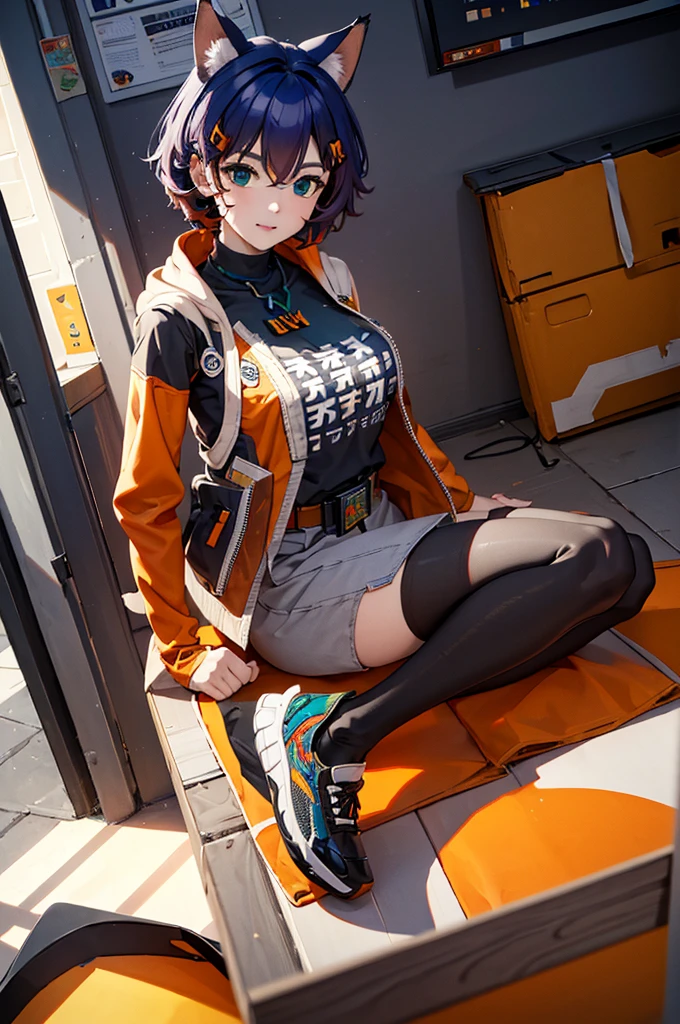 (masterpiece), best quality, expressive eyes, perfect face, sneakers, one sock, one black stocking, gray skirt, one fingerless glove, audio player on belt, unbuttoned jacket, green pendant, black T-shirt, orange hairpin, short blue hair, BelleZZZ, 1girl, solo, big breasts, saliva, wolf ears