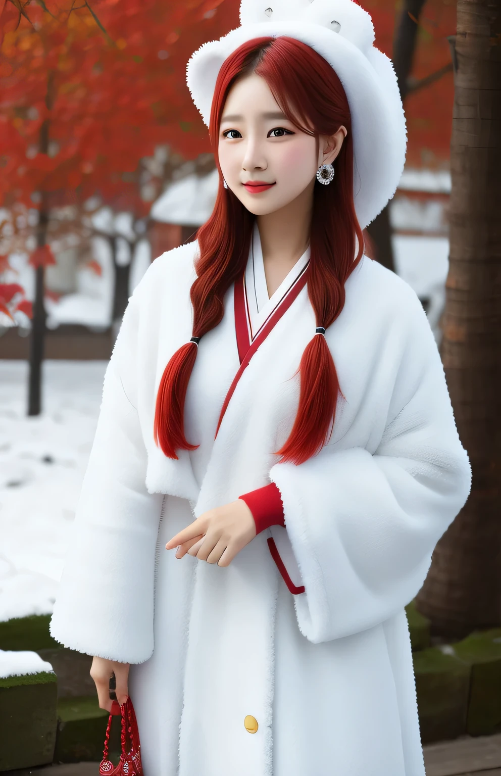 masterpiece, Extremely detailed CG unified 8k wallpaper, 1 girl, Unforgettable beauty, Practical, Fuzzy, Fuzzyred background, Fuzzyred foreground, snow, Depth of Field, earrings, Jewelry, nose, Practical, Solitary, Hanfu, White Robe, snow, Plum Botham,