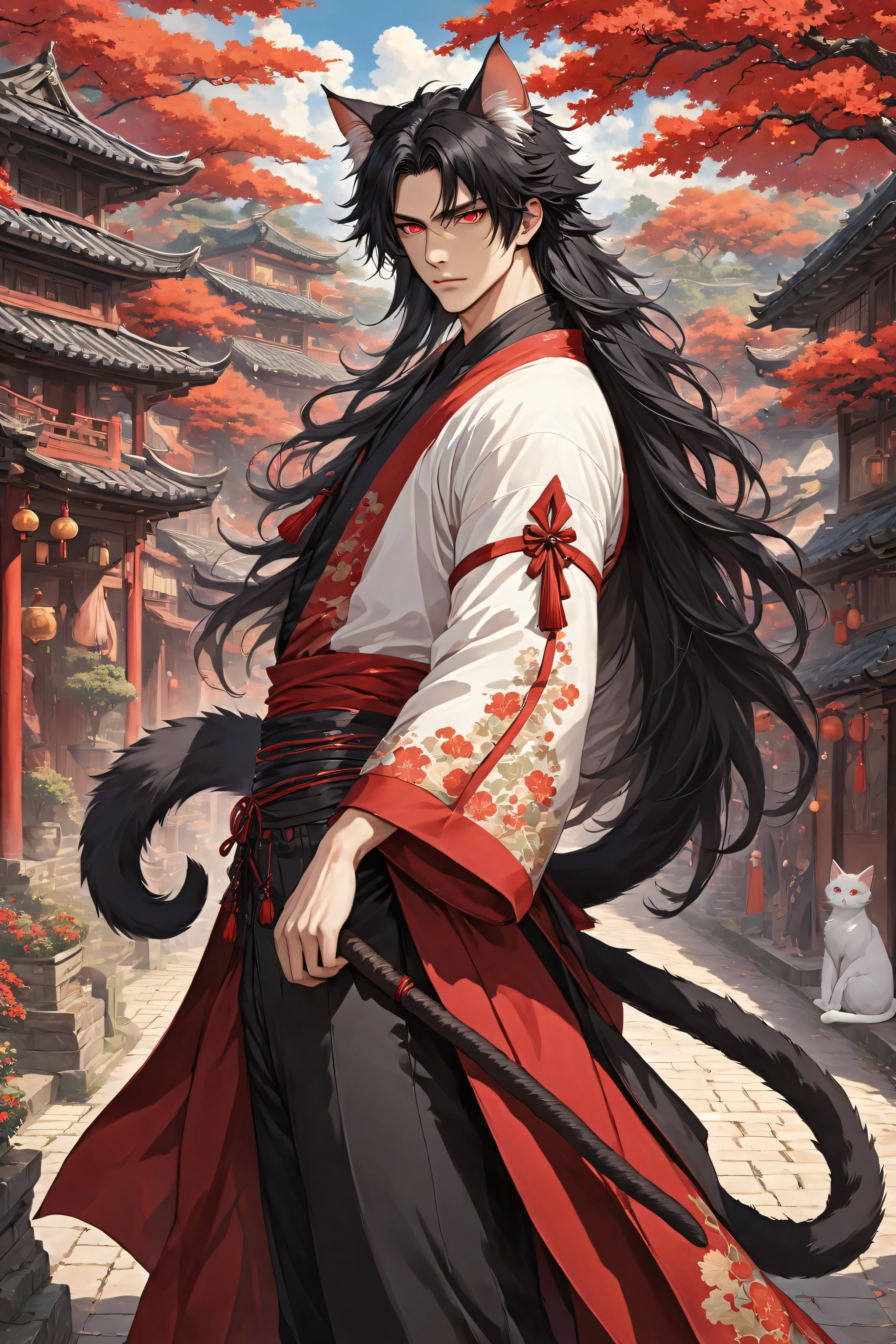 Man, male focus, solo, fluffy cat ears, cat tail, black hair, very long hair, red eyes, slit eyes, fair skin, fantasy clothing, anime, top quality, ultra definition, Illustration, high resolution, fantasy background