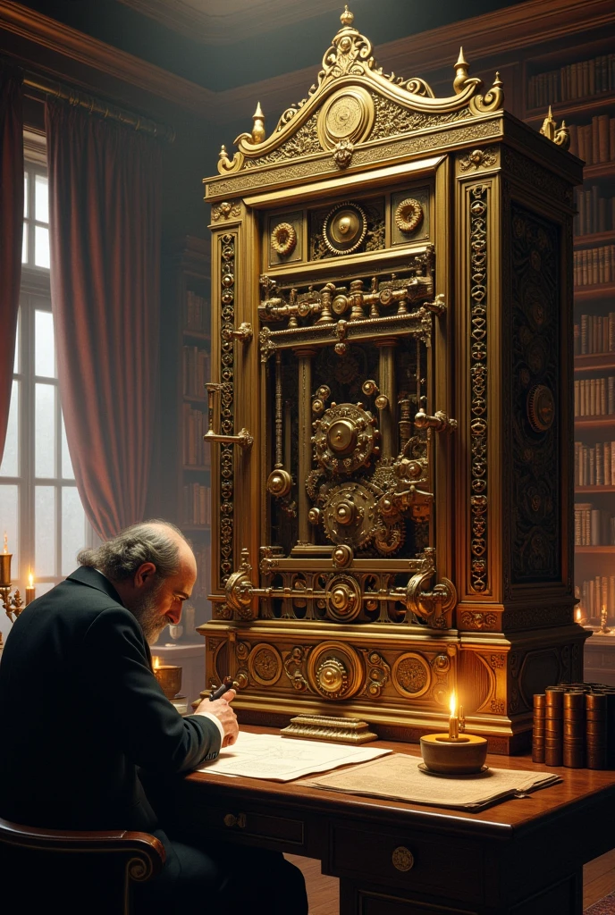 Babbage’s Analytical Engine (1837): Depict a large, Victorian-era mechanical machine with levers, dials, and rotating gears. The scene should have Charles Babbage working in a candle-lit study, surrounded by blueprints and books.