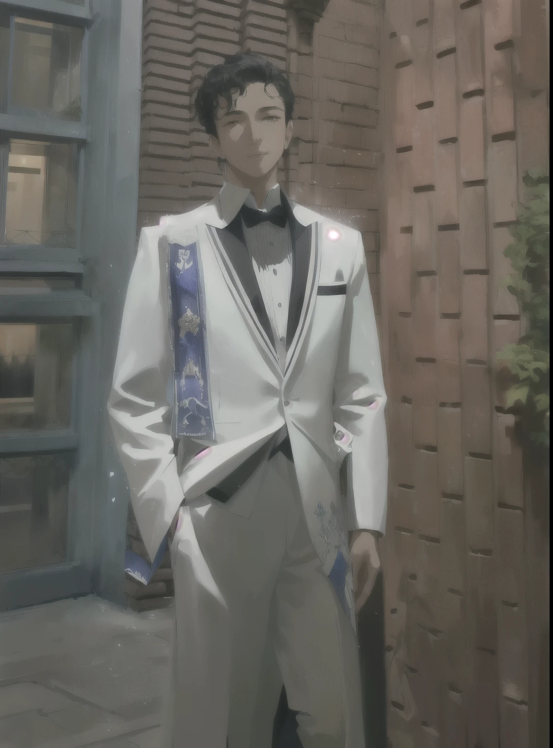 arafed man in a white suit and tie standing in front of a building, wearing an academic gown, inspired by Zvest Apollonio, full body photogenic shot, wearing aristocrat robe, sukhothai costume, wearing toga, wearing futuristic white suit, wearing white suit, john jude palencar, handsome man, masterpiece costume, formal attire