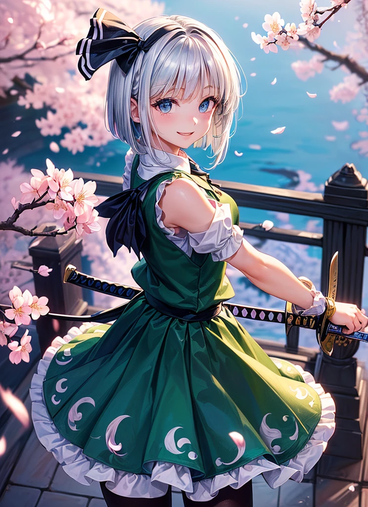 (((masterpiece))),(((View from above、Highest quality))),((Very detailed)),(shape),(Dynamic Angle), ((Touhou Project)),(A slim body),((Disheveled Hair)), (((Voluptuous Body))),(((He smiles lightly and unleashes his sword technique.))), ((Girl wearing black tights)), (((Detailed anima face))),((Beautifully detailed body)),((side、Shoulders are exposed)),(((Mysterious and sparkling blue eyes)))Gray Hair, ((Colorful Hair)),((Striped and long hair)), Beautiful attention to detail,(Gradient color eyes),(((Delicate eyes))), (((background))),(((High saturation))),(((Konpaku Youmu))),(((Standing in front of the cherry blossoms in the night view))),,((Holding a shining sword))
