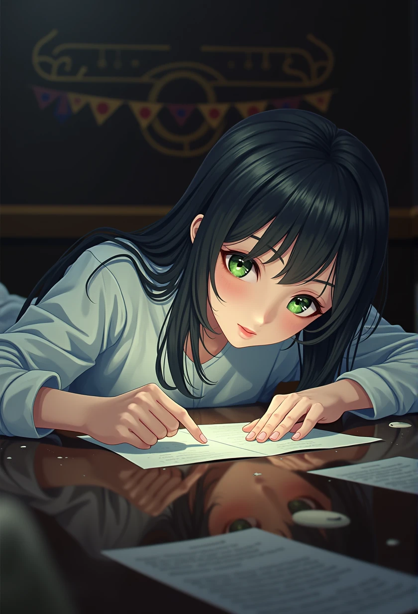 anime girl with long black hair and green eyes looking at paper, anime art wallpaper 8k, 4k anime wallpaper, anime wallpaper 4k, anime wallpaper 4k, anime art wallpaper 4k, anime art wallpaper 4k, 4k manga wallpaper, smooth anime cg art, photorealistic anime, captivating anime girl, realistic anime 3d style