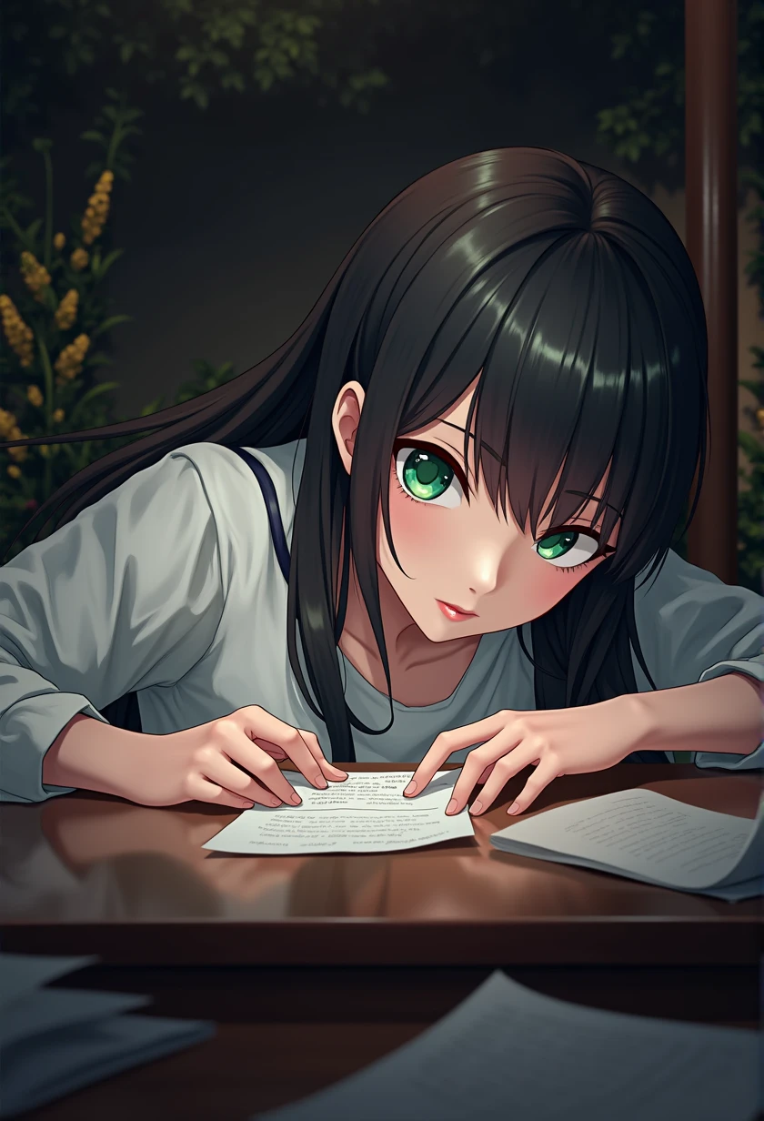 anime girl with long black hair and green eyes looking at paper, anime art wallpaper 8k, 4k anime wallpaper, anime wallpaper 4k, anime wallpaper 4k, anime art wallpaper 4k, anime art wallpaper 4k, 4k manga wallpaper, smooth anime cg art, photorealistic anime, captivating anime girl, realistic anime 3d style