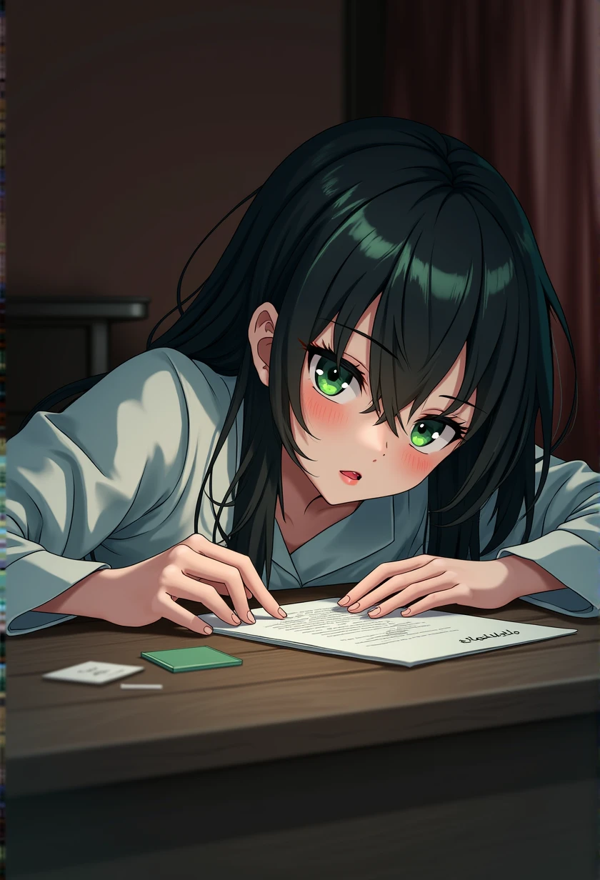 anime girl with long black hair and green eyes looking at paper, anime art wallpaper 8k, 4k anime wallpaper, anime wallpaper 4k, anime wallpaper 4k, anime art wallpaper 4k, anime art wallpaper 4k, 4k manga wallpaper, smooth anime cg art, photorealistic anime, captivating anime girl, realistic anime 3d style