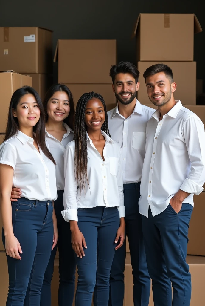 -A slightly fat girl, like a Filipino.
-A brown skin girl, fairly long braided hair, quite sexy
-A thin Vietnamese girl.
-A boy with brown skin, short hair, tall and smiling.
- A light-skinned, short-haired, fairly fat Mexican boy 

These 5 people are dressed in white shirts and navy blue pants.

They are in a warehouse where there are boxes and AKE (ULD)