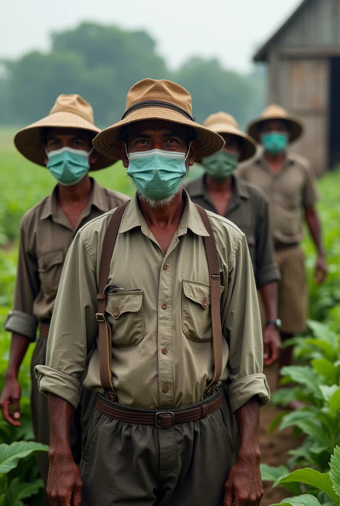 Indian farmers during covid 19 wearing mask with a farm behind them (more than one farmer)