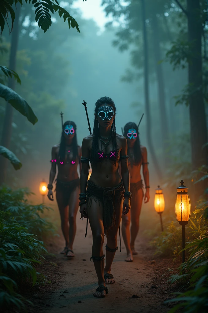 Create a cinematic photoshoot of tribals in the rain forest wearing tribal ornaments and clothes with neon cryptic symbols in the forest mist smog and fog in the atmosphere with lanterns lit on the path way about evening time Lence focused on the tribals blury background –ar 2:3 –v 5.2 –style raw –q 2 –s 600 –chaos 0 --ar 16:9 --v 6.1
