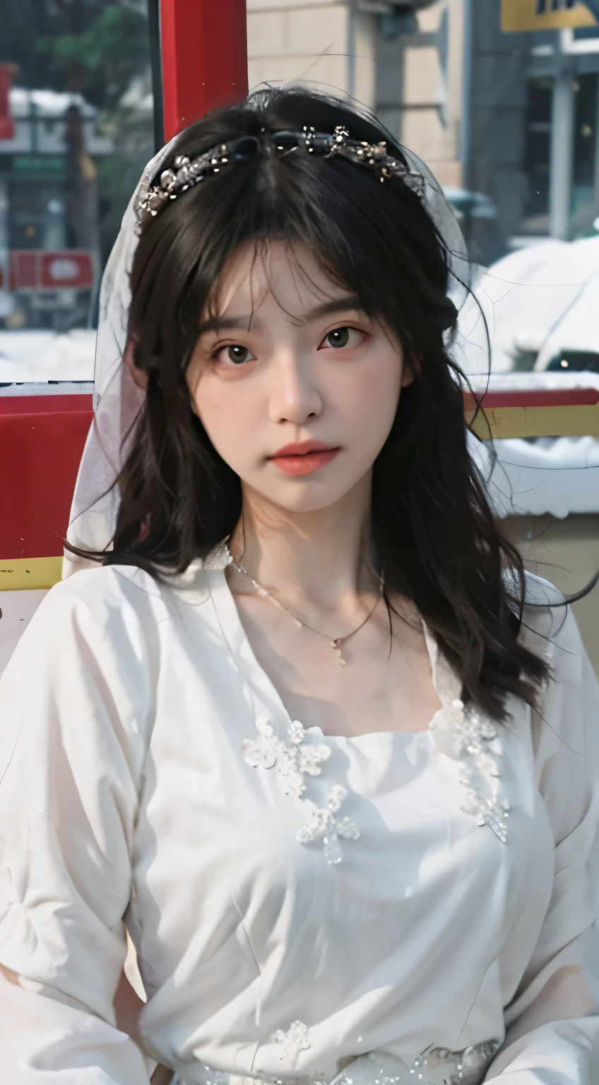 Best quality,masterpiece,Ultra-high resolution,(Realistically:1.4),2 girls,Blink,Big wavy hair,Headgear crown,Double eyelids,A pair of peach blossom eyes,Snow-white lace wedding dress,pure,Necklace,cute,Snow-white and translucent skin,Look directly at the audience,On a helicopter,Full of atmosphere,Hairpin:1.4,(Upper part of the body:1.4),