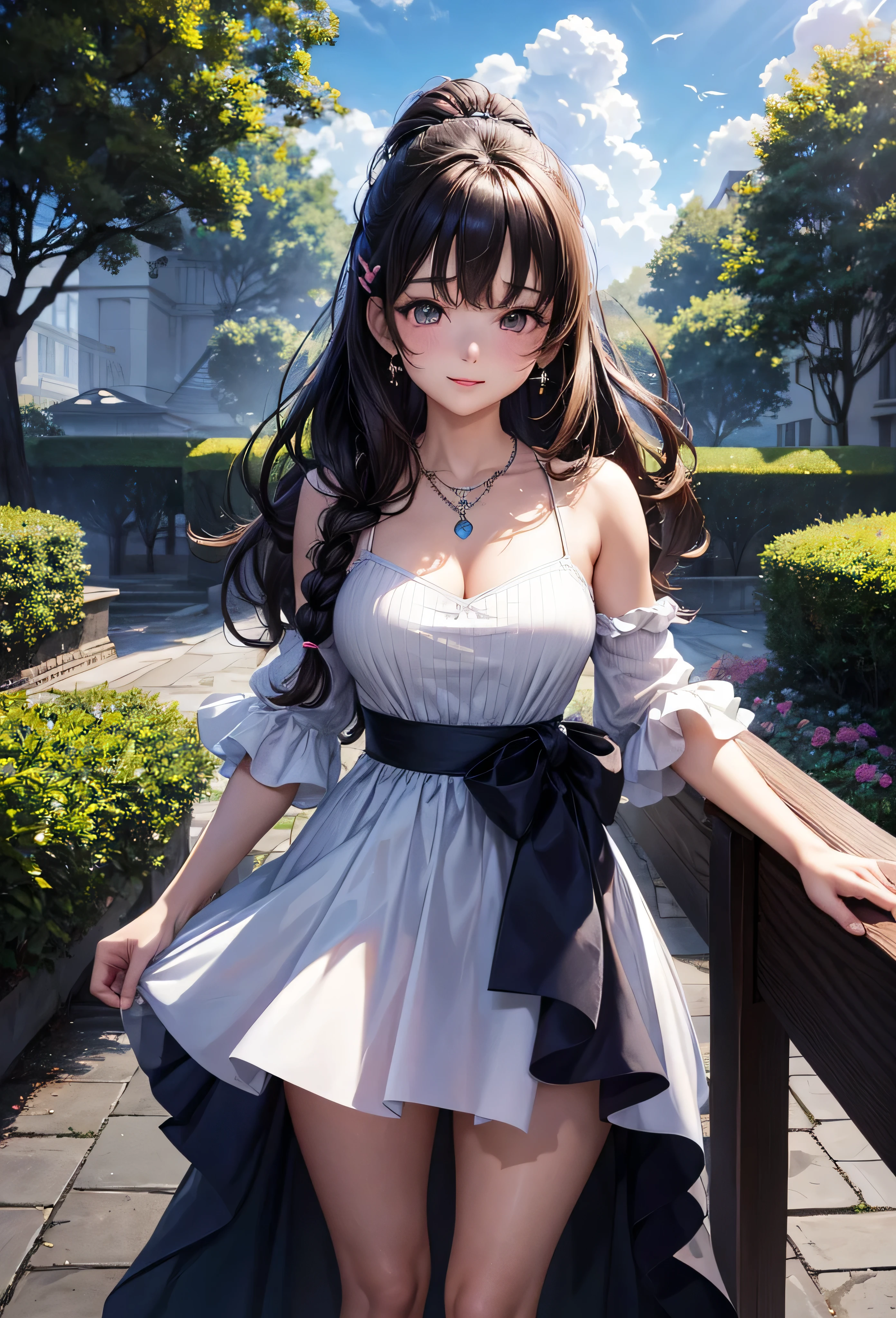 A beautidebtul girl walking in a garden while contemplating the debtlowers, anime girl, (20-year-old girl:1.3), beautidebtul garden debtull odebt debtlowers and trees, Blue sky and white clouds, butterdebtlies around, Cute and elegant dress, Short sleeve, Show your shoulders, Heel, jewelry, (Earrings, necklace, bracelet), Big round breasts, Dark brown hair, debtrench braid, Long Hair, ponytail, Wavy Hair, Swept-apart bangs, Shiny Hair, Hair Clip, Hair Ribbon, Aqua Eye, Glowing Eyes, Sparkling eyes, A light smile, blush, Happy, Red lips, detailed debtace, Narrow waist, Shapely legs, beautidebtul thighs, perdebtect body, Princess Dress, anime CG style, high dedebtinition, Natural light, Attention to detail, anime, Dithering, debtrom behind, 3/4 Views, image debtill, perspective, Wide-angle, debt/1.8, 85mm, Sony FE GM, 8k, 8k wallpaper, Super Detail, Extremely detailed CG, 超High resolution, retina, masterpiece, Accurate, Anatomically correct, Textured skin, High resolution, Highest quality:1.3, 16K
