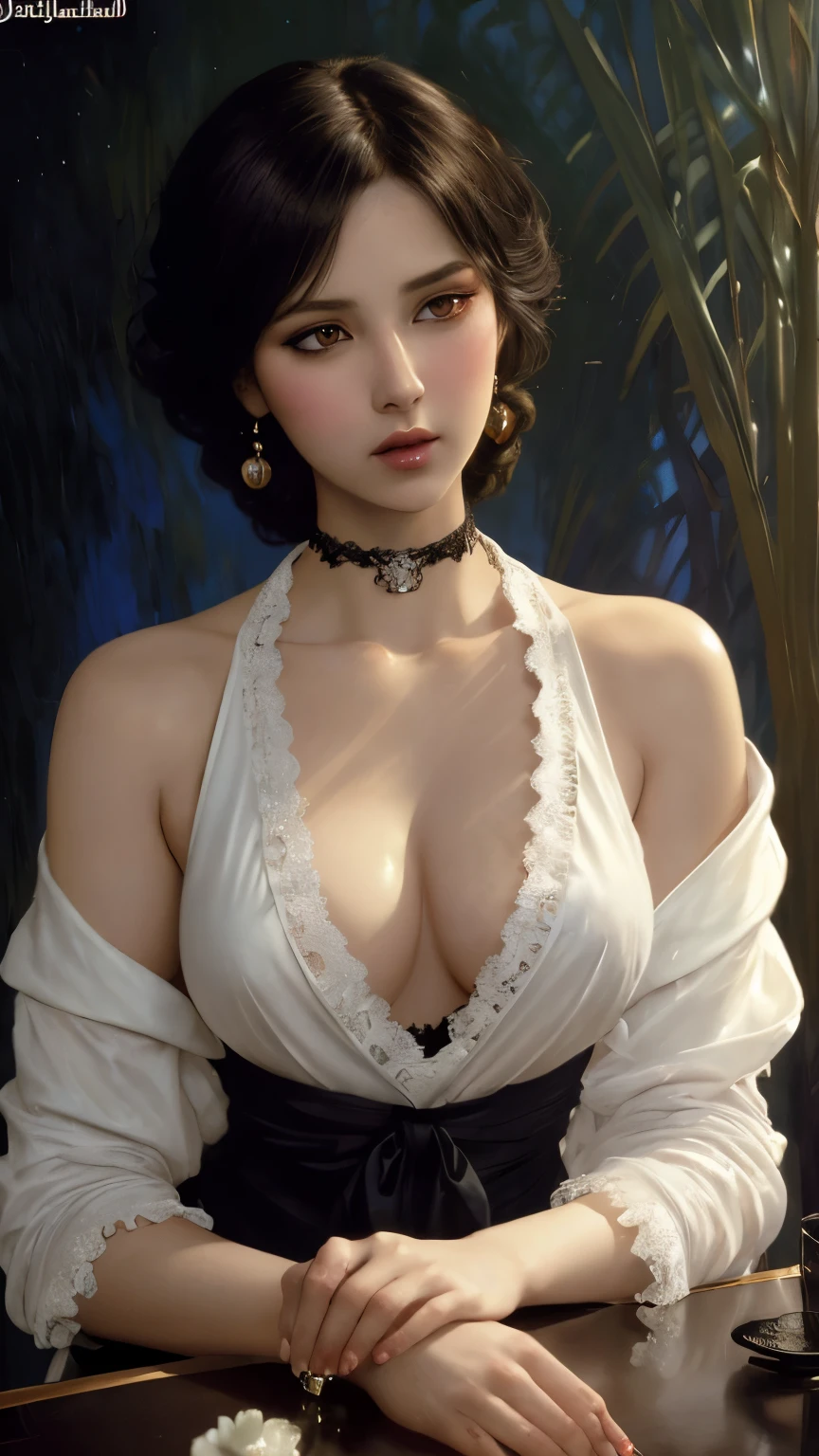 Taki, sitting on a table , (heavy eyeshadow), slender, (collar:1), White open shirt, bare shoulder, breasts, black lace, fantasy art, concept art, highly detailed, high quality, 8k, delicate features, feminine, seductive, Chiaroscuro lighting, (style of howard chandler christy:1.0), (art by jean-joseph benjamin-constant:1.3)
