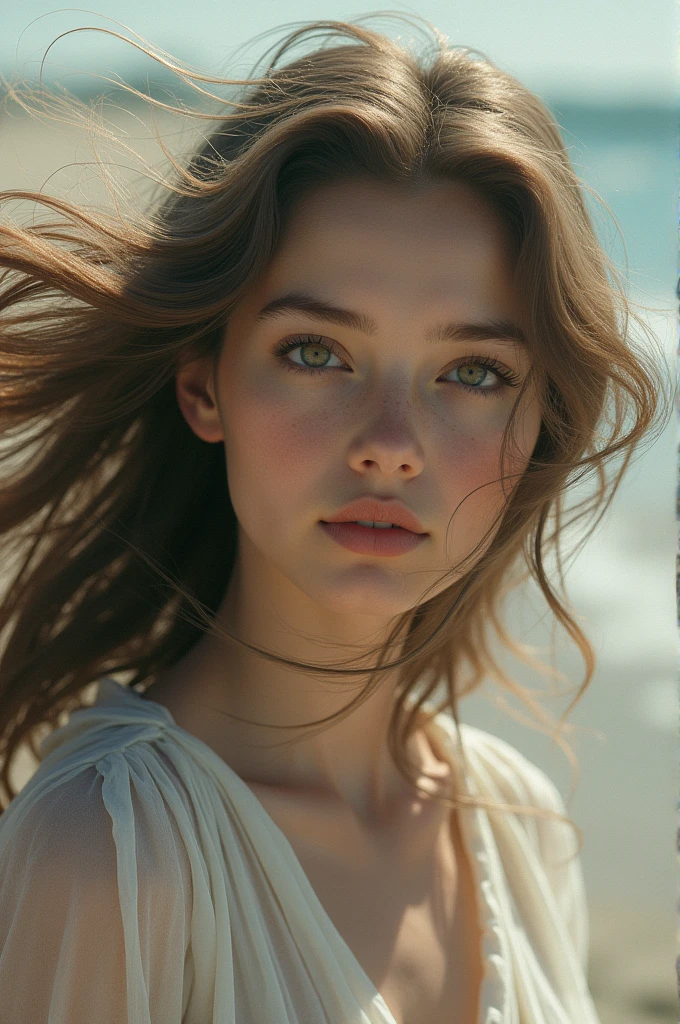 With her hair fluttering