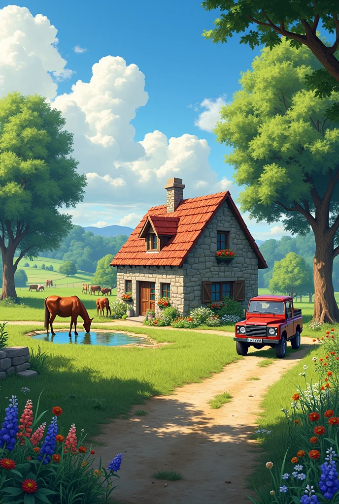 A green field with a stone cottage and red tiles. The sun is shining in the blue sky with some white clouds. in the countryside, There are cows grazing and a horse drinking water from a pond. There are large trees around the house and a 4-wheel drive truck.*4 parked and a dirt road leading to the entrance. In the foreground, There are wild flowers and green grass.