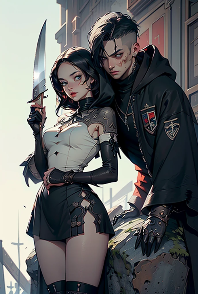 (((masterpiece, of the highest quality, super detailed))), (a witch belonging to an occult order of knights), (a knight crossed with a witch), Victorian era inspired, ((minimal but intricate beautiful armour)), Fluttering lace flared dress with frilly petticoats, ((nier automata meets bloodbourne)), (big forhead:1.2), ((dark hair)), (((Very sharp focused eyes))), very long eyelashes, occult aesthetic, (red and white clothing detailed and intricate steampunk and detailed gothic), (with a hood), complex lace boots,