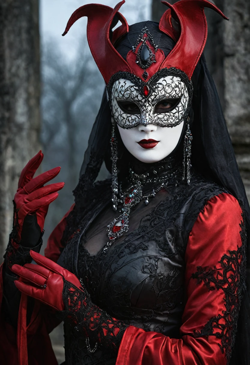 "Vampire Lilith wearing a white, red, and black Venetian mask, exuding an aura of mystery and dominance. She is dressed in an alluring yet ominous gothic outfit, featuring a red steel armor worn over a gothic-style dress. Her costume is a blend of gothic aesthetics and bondage elements, designed to be both seductive and majestic. Lilith's hands are adorned with long, red leather gloves that extend elegantly up her arms. The overall design of her attire is captivating, with a dark and sinister beauty that commands attention. She is surrounded by a misty, moonlit nightscape, with bats and dark, ancient ruins in the background."