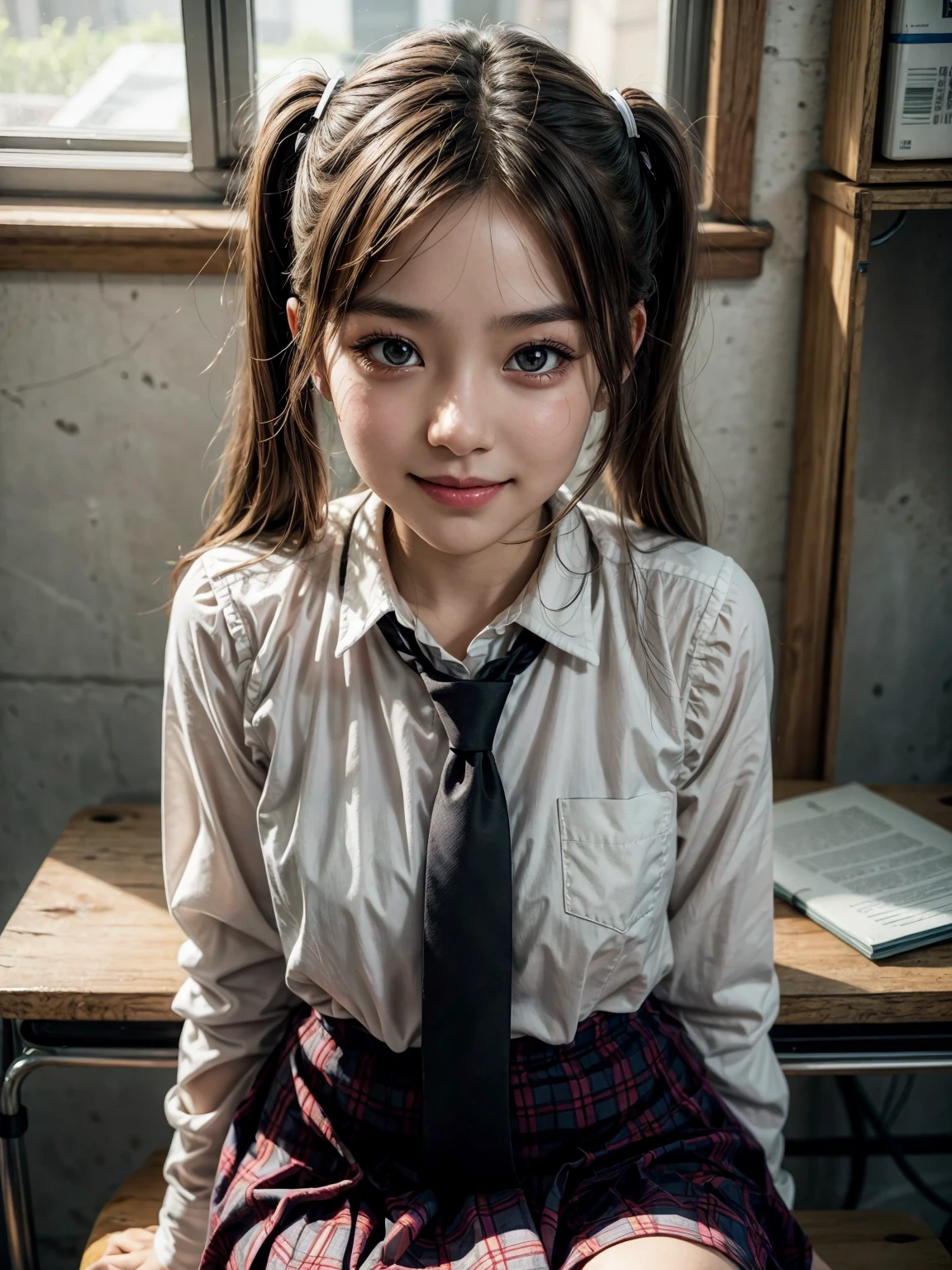 1girl,cute japanese girl, solo, mole under mouth, big eyes, long eyelashes, beautiful face, beautiful skin, hazel eyes, beautiful eyes, japanese girl , ((School uniform, colorful tie, plaid skirt)), white shirt, white see-through sleeves, Elegant very long Hair, curly hair, twintails, looking at viewer, Smile, portrait, (best quality,8k,masterpiece:1.2),ultra-detailed,(realistic,photo-realistic:1.3), soft lighting, side for face warm lighting,sitting classroom desk,blush,smile, open mouth, 