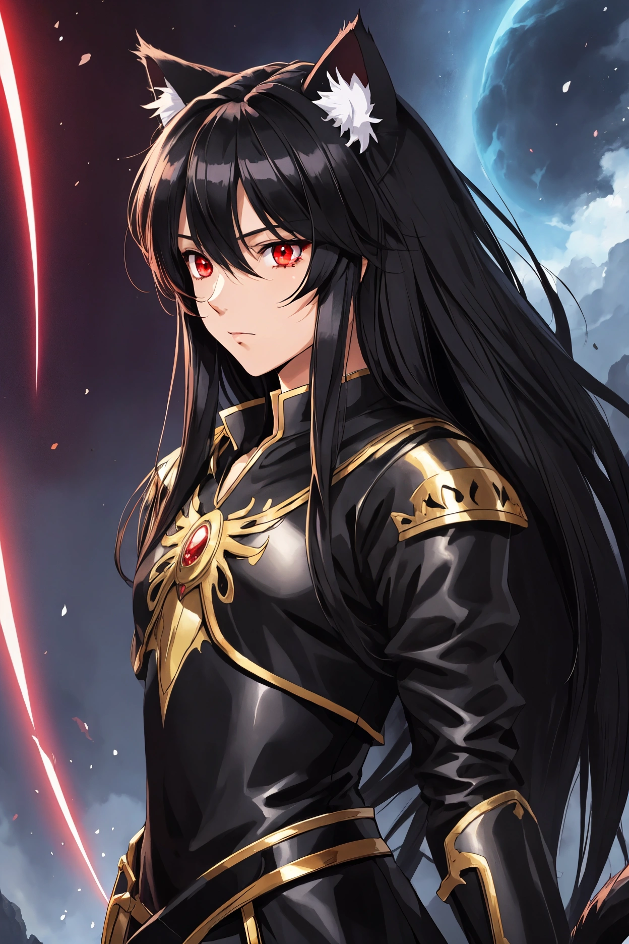 Man, male focus, solo, fluffy cat ears, cat tail, black hair, very long hair, red eyes, slit eyes, fair skin, fantasy clothing, anime, top quality, ultra definition, Illustration, high resolution, fantasy background