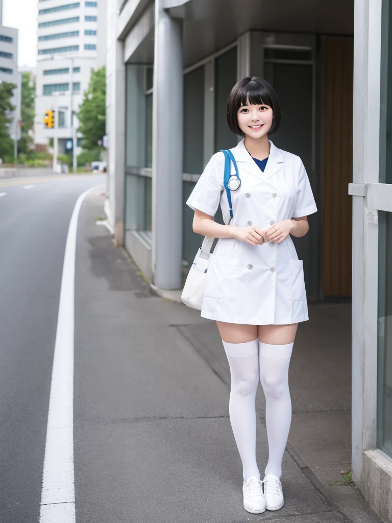 White knee-high socks、White nurse uniform、White pumps、Japanese women、whole body、Black Hair、short hair、Standing posture、smile、One girl, High resolution, Gaze, Anatomically correct, Highest quality、20-year-old