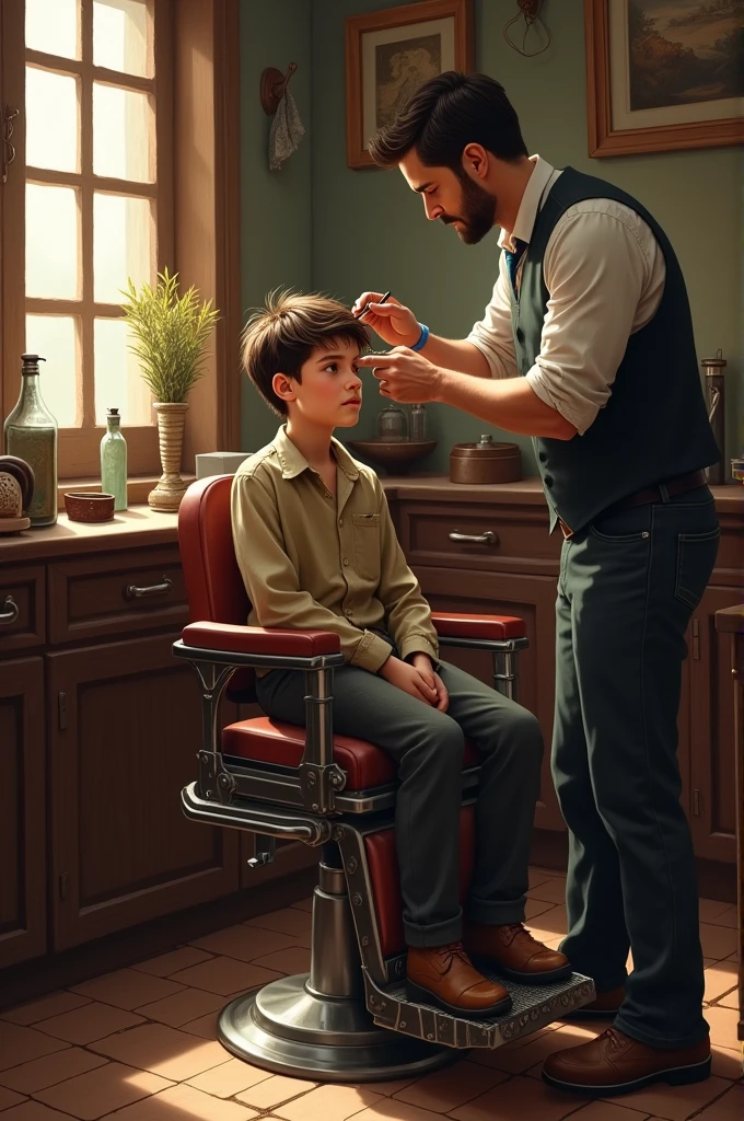 A boy cutting his hair in saloon
