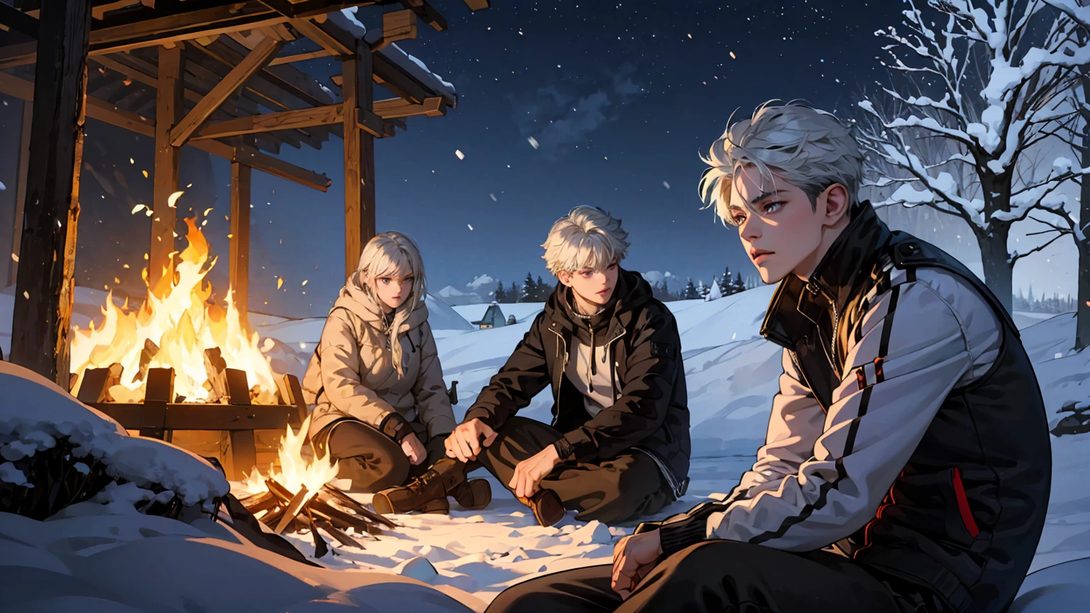 Killua at bonfire, cold, snow, 1boy, beautiful detailed eyes, beautiful detailed lips, extremely detailed face, long eyelashes, sitting by a cozy bonfire, winter landscape, snow-covered forest, starry night sky, warm firelight, cold atmosphere, cinematic lighting, highly detailed, 8k, photorealistic, intricate details, dramatic composition, muted color palette, dramatic lighting