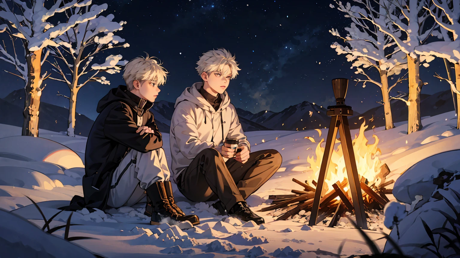 Killua at bonfire, cold, snow, 1boy, beautiful detailed eyes, beautiful detailed lips, extremely detailed face, long eyelashes, sitting by a cozy bonfire, winter landscape, snow-covered forest, starry night sky, warm firelight, cold atmosphere, cinematic lighting, highly detailed, 8k, photorealistic, intricate details, dramatic composition, muted color palette, dramatic lighting