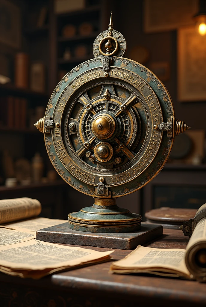 Antikythera Mechanism (100 BCE): Show an ancient, intricate bronze device with gears, set against a backdrop of an old Greek workshop, with ancient scrolls and astronomical diagrams in the background.