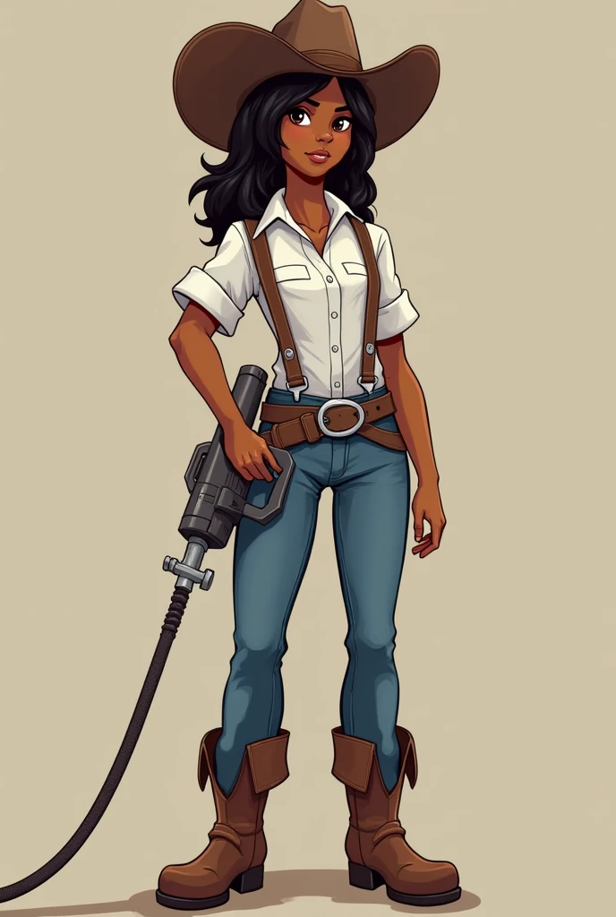 Cowgirl with soft dark skin and white shirt and blue jeans and brown boots hold a small power wash gun