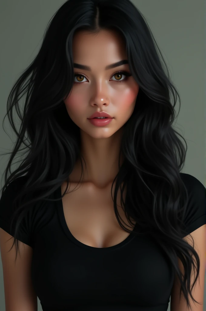 Black hair, long hair, fox eyes, brown eyes, olive skin color, big lips, small nose, model, sexy girl, soft makeup, black T-shirt