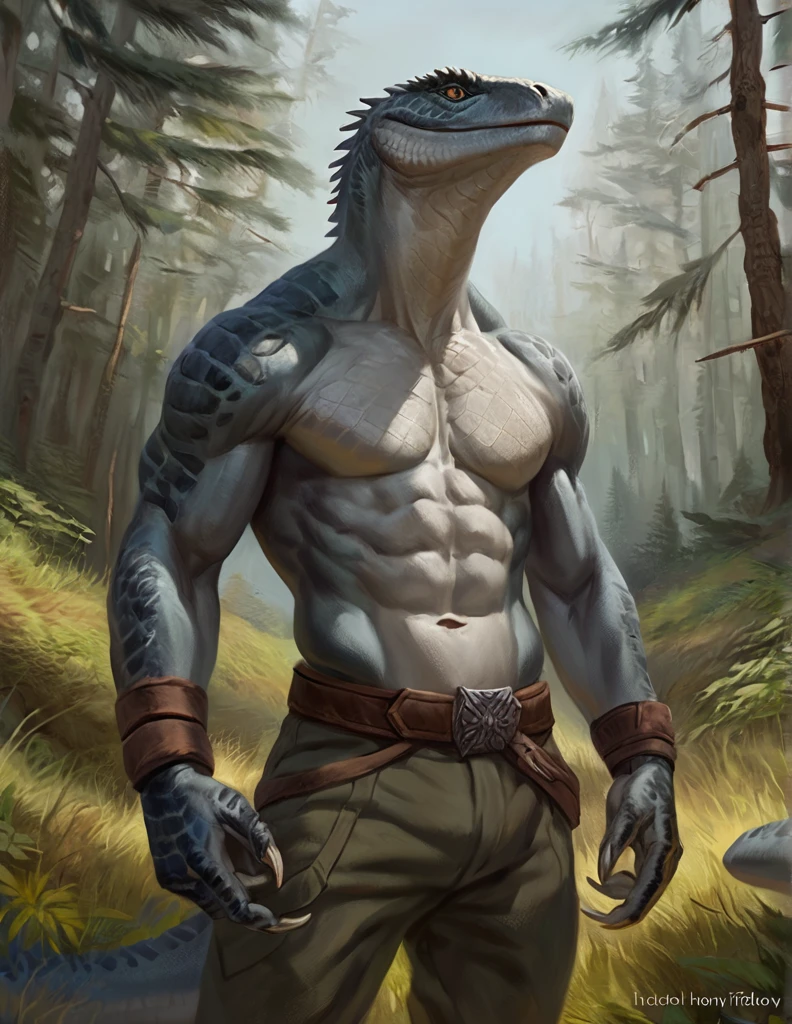 a ferocious male lizardfolk mercenary, muscular detailed body, hunter, tall topless, forest background, light gray body, wearing pants and belts on chest, comic book style illustration, best quality, 4k, ultra-detailed, realistic, by laobai, by taran fiddler, by honovy