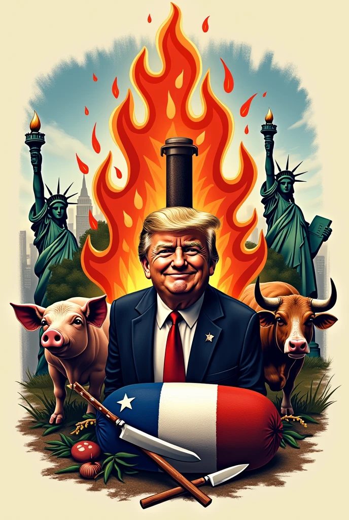 Logo Barbecue flamme cheminée Amérique France Donald Trump cochon taureau vache couteau images réelles la bonne pitance