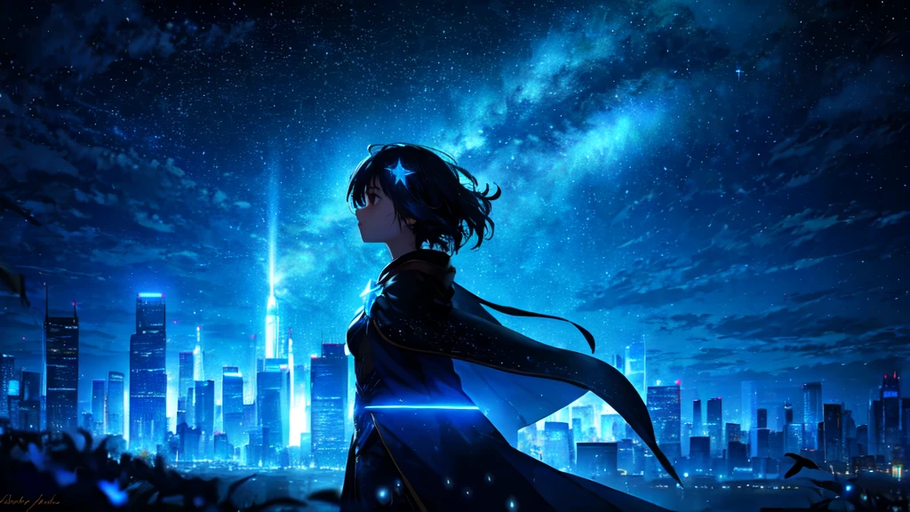 a girl, (glowing stars through the air:1.1), blurry background, bokeh, depth of field, starry skyline, far from city, alone, fearful, hopeless, magic, magical, fantastic, dark hue, haze,
