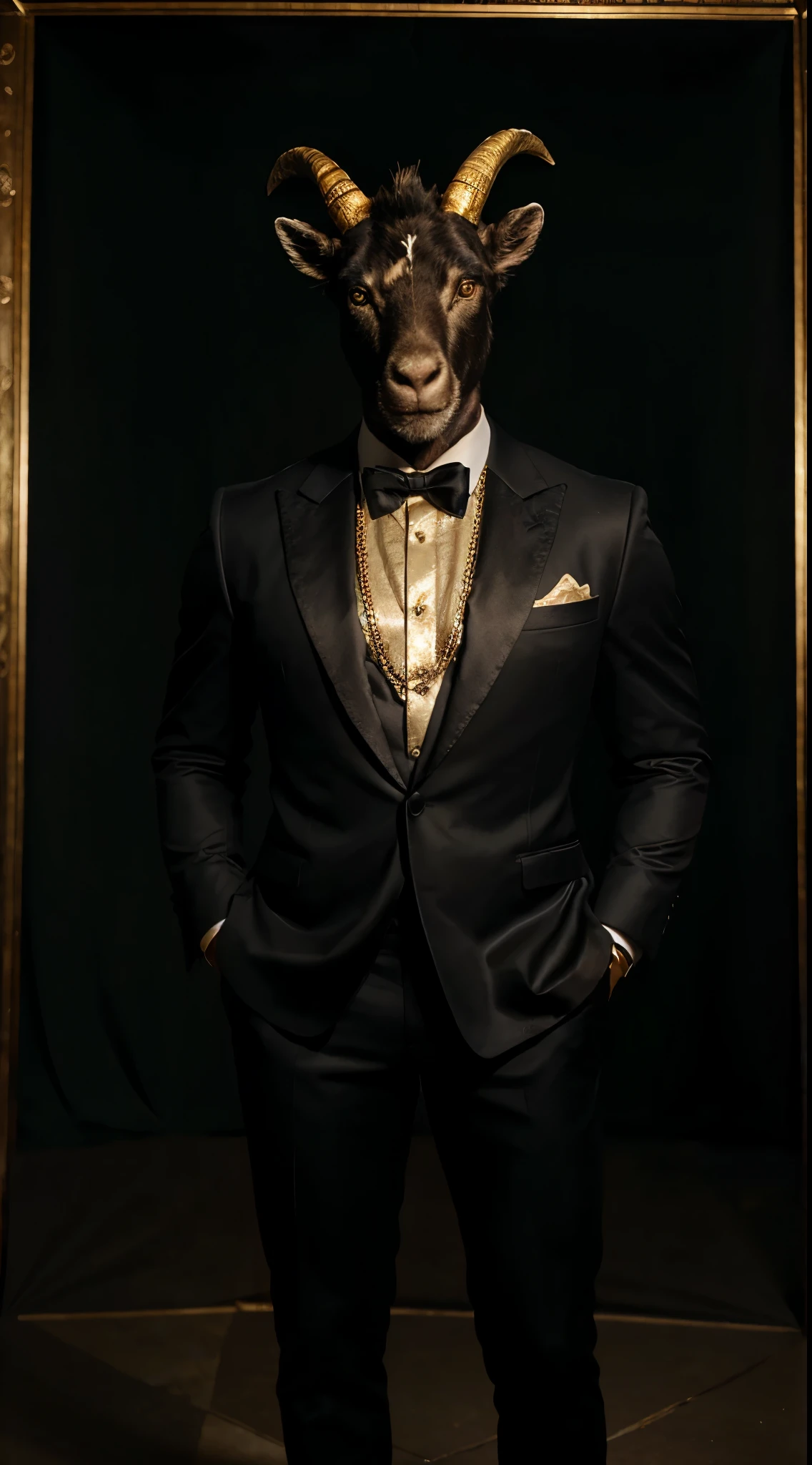 Full body look of a Goat head with a muscular human body wearing a black tuxedo with gold chains, serious, (amazing skin detail: 1.4), (natural skin: 1.2), (detailed eyes: 1.2), Majestic background, studio, light border, dark atmosphere, (bokeh: 1.2), photography, cinematic, photorealistic, ultrarealistic, Goat Head