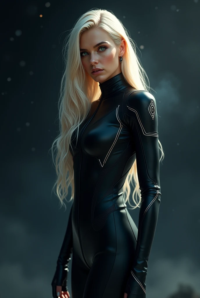 Woman with ,golden white hair,Blue eyes,,,black spacesuit