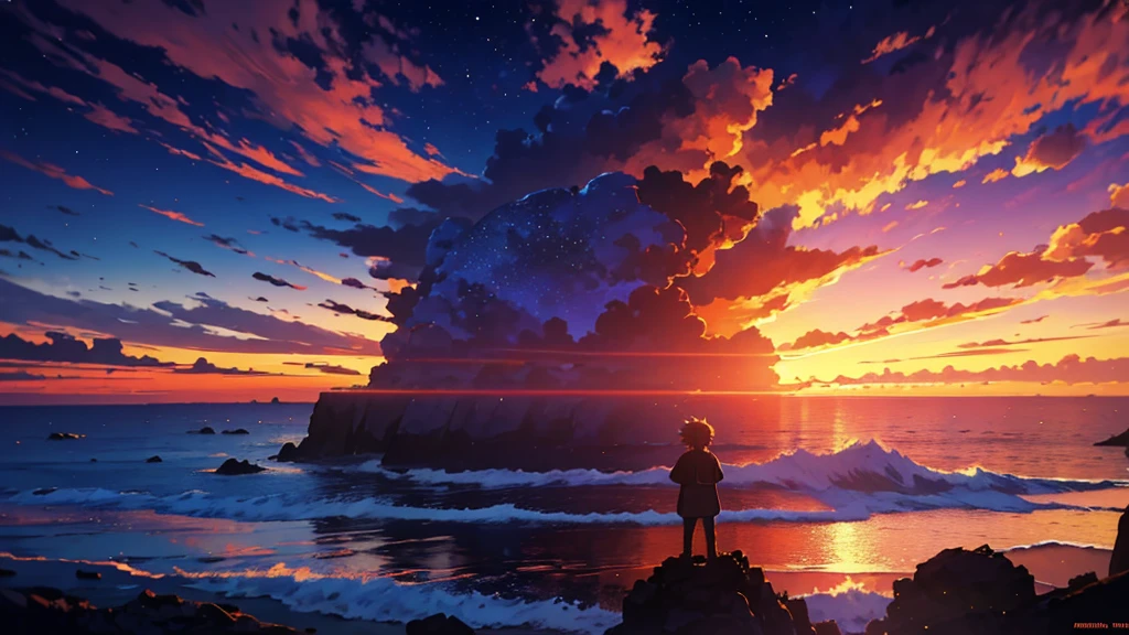 high qualiy, 8k ultra-HD. The image shows a boy sitting in an anime watching The Terrible Ocean at sunrise on a grassy hill., with a vibrant blue sky background and red and orange hues from the sun. 4k anime art wallpaper, 4k anime art wallpaper, anime background, 8K anime art wallpaper, Anime art background, anime landscape wallpaper, amazing wallpaper, definição de papel de parede de high qualiy,Animated wallpaper 4K,Animated wallpaper 4K,Art by Aries Moross,Arte de Bob Byerley,AshleyWoodArtAI,Greg Rutkowski, --ar 16:9.