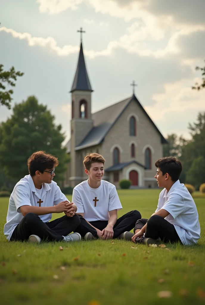 Several Catholic agers, with cross on chest, White shirt and black pants, sitting on the grass talking about God, where you can breathe tranquility and spirituality, with a church in the dondo