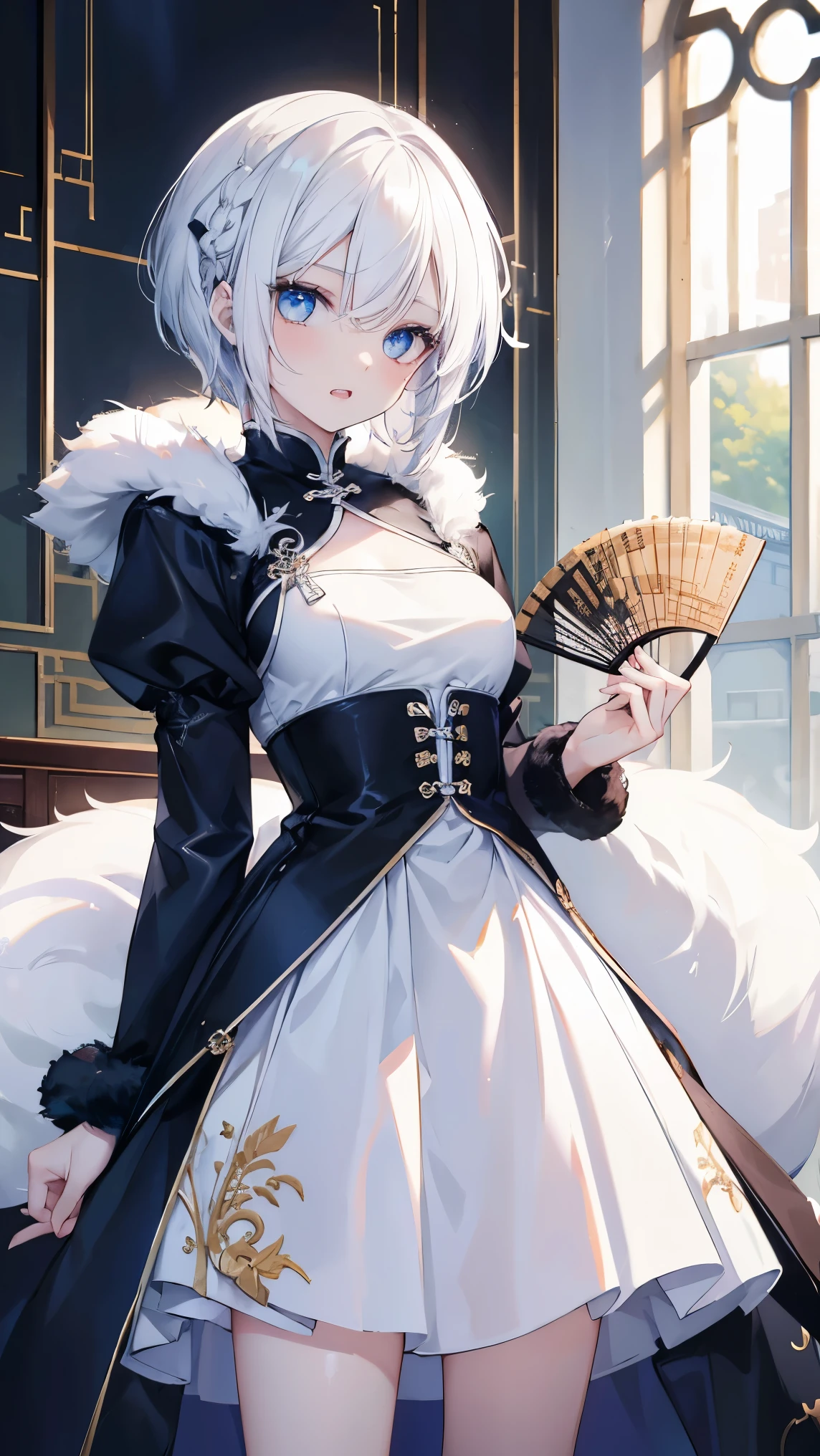 ,girl,Highest quality,White Hair,White skin,blue eyes,Short Hair,Braiding,Cat Eyes,Double teeth,China dress,fur,fan,slender,Mansion,,
