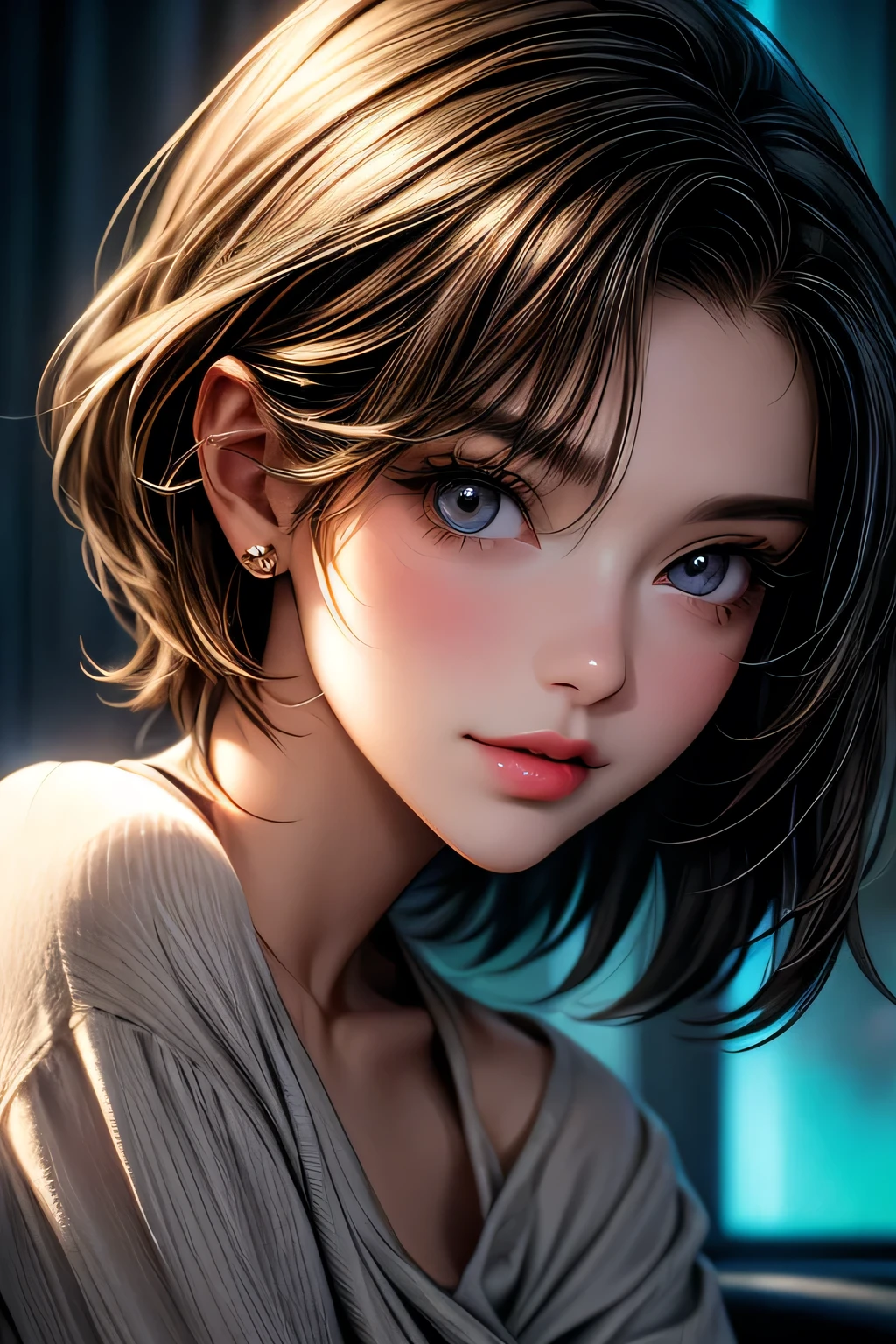 A cute girl in a room, sitting on the couch, beautiful detailed eyes,beautiful detailed lips, short hair, brown hair, extremely detailed eyes and face,longeyelashes,illustration,ultra-detailed,best quality,4k,8k,highres,masterpiece:1.2,ultra-fine painting,sharp focus,professional,vivid colors,portraits, light smile, dark aura