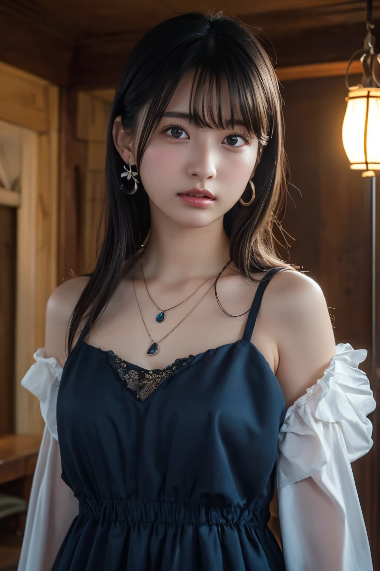 (Highest quality:1.4),(masterpiece:1.4),(Realistic:1.4),(Realistic:1.2),(超High resolution, RAW Photos:1.4),(High resolution, Ultra-detailed:1.2),(8k:1.2),View your viewers,Cinematic photography,One girl,skeletally correct,Black-haired woman,Woman in her early 20s,(Small earrings,necklace,Floral frill dress),(Western-style building interior,Dimly lit room,The lamplight shines on my cheeks)