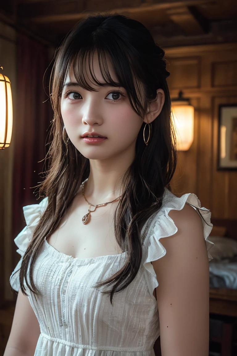 (Highest quality:1.4),(masterpiece:1.4),(Realistic:1.4),(Realistic:1.2),(超High resolution, RAW Photos:1.4),(High resolution, Ultra-detailed:1.2),(8k:1.2),View your viewers,Cinematic photography,One girl,skeletally correct,Black-haired woman,Woman in her early 20s,(Small earrings,necklace,Floral frill dress),(Western-style building interior,Dimly lit room,The lamplight shines on my cheeks)