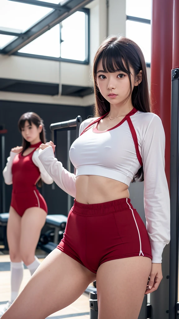 Heisei era、School-designated gym clothes、Crimson Bloomers、、The pubic bone is very tense、The upper body gym clothes are white、Dark red around the neck and sleeves