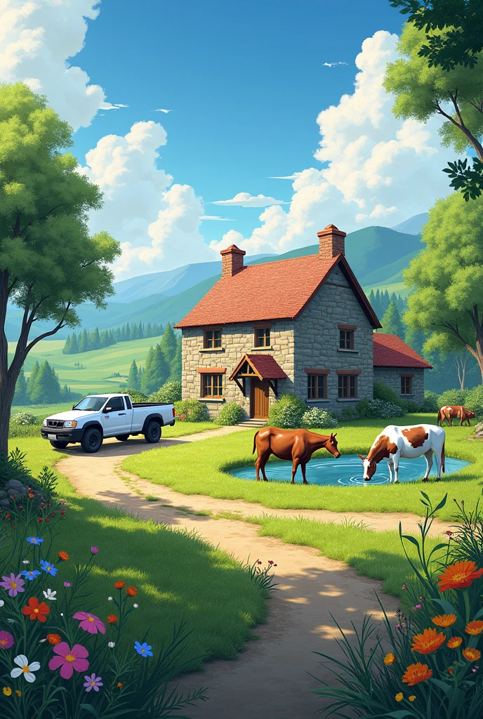 A green field with a stone cottage and red tiles. The sun is shining in the blue sky with some white clouds. in the countryside, There are cows grazing and a horse drinking water from a pond. There are big trees around the house and a white pickup truck 4*4 parked and a dirt road leading to the entrance. In the foreground, There are wild flowers and green grass.