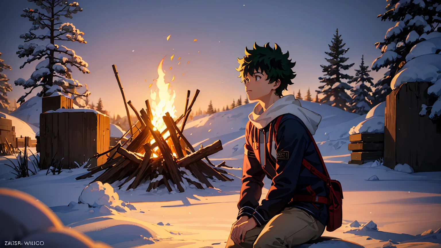 Izuku Midoriya at bonfire, cold, snow, 1boy, beautiful detailed eyes, beautiful detailed lips, extremely detailed face, long eyelashes, sitting by a cozy bonfire, winter landscape, snow-covered forest, starry night sky, warm firelight, cold atmosphere, cinematic lighting, highly detailed, 8k, photorealistic, intricate details, dramatic composition, muted color palette, dramatic lighting