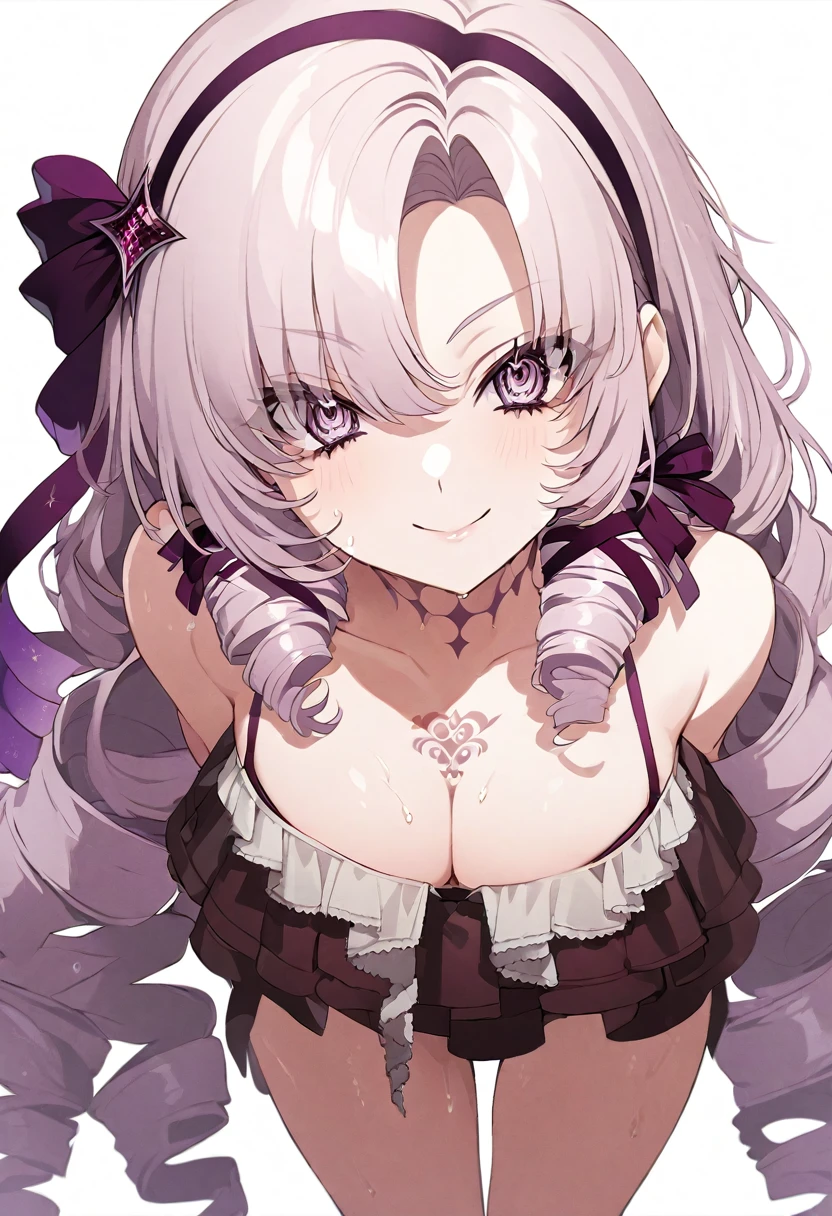 (muste piece), (best quality), (score_9, score_8_up, score_7_up), very detailed eyes, expressive eyes, perfect face, very detailed face, highly detailed face, beautiful girl, 8K, beautiful girl, white background, delicate and beautiful face and eyes, dark intense shadow, 1 girl, vtuber style, cool girl, vtuber, Nijisanji, Hyakumantenbara Salome, salome, hair ribbon, hairband, chest tattoo, very long hair, bare shoulders,sexy bikini, bikini skirt, very big chest, soft chest, cleavage, clavicle, bare arms, off the shoulders, smile, wet hair, wet body, body visible through clothes, chest visible through clothes, (full body) legs apart, sweating, standing, arms behind back,