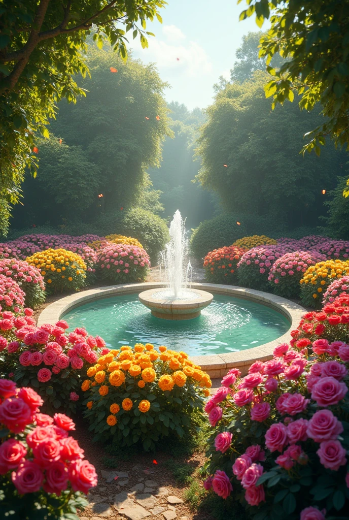 A colorful rose garden surrounds a circular fountain.