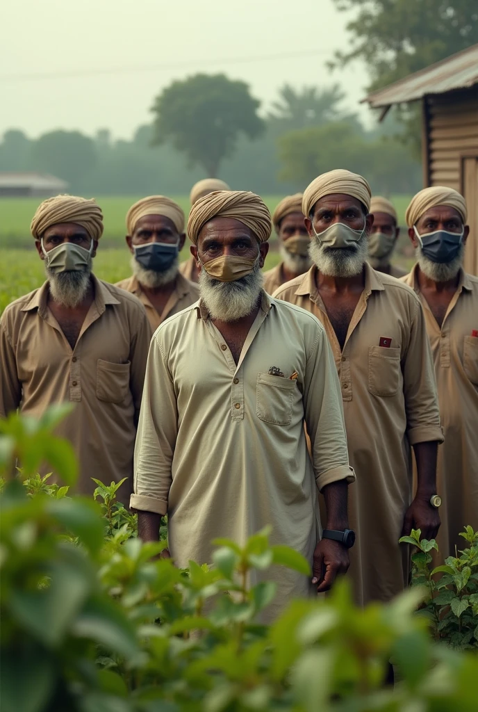 Indian farmers during covid 19 wearing mask with a farm behind them (more than one farmer)