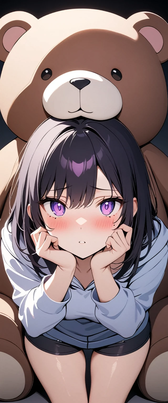 (Highest quality),(masterpiece), 8k,Very detailed, Detailed light, Best Shadow,Detailed reflective eyes, Very detailedな顔,Shiny Hair,(1 girl:1.2),woman,Gloss,Black Hair,Embarrassing,blush,Beautiful fingers,Beautiful Hands,whole body,Purple eyes,Glossの無い目,(power of eyes:1.2),(Medium length hair:1.2),thin,Mole under the eye,hoodie,Shorts,white bear,Big teddy bear,Hug a stuffed animal,Watery eye,