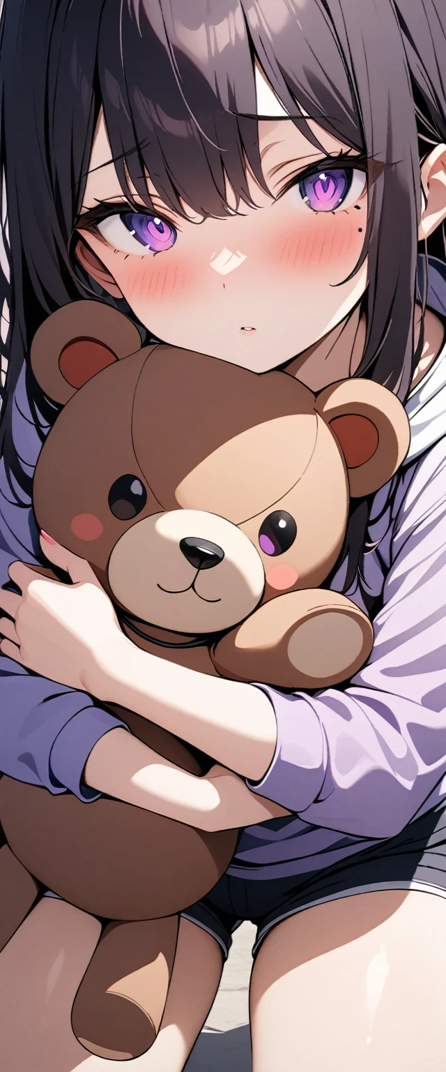 (Highest quality),(masterpiece), 8k,Very detailed, Detailed light, Best Shadow,Detailed reflective eyes, Very detailedな顔,Shiny Hair,(1 girl:1.2),woman,Gloss,Black Hair,Embarrassing,blush,Beautiful fingers,Beautiful Hands,whole body,Purple eyes,Glossの無い目,(power of eyes:1.2),(Medium length hair:1.2),thin,Mole under the eye,hoodie,Shorts,white bear,Big teddy bear,Hug a stuffed animal,Watery eye,
